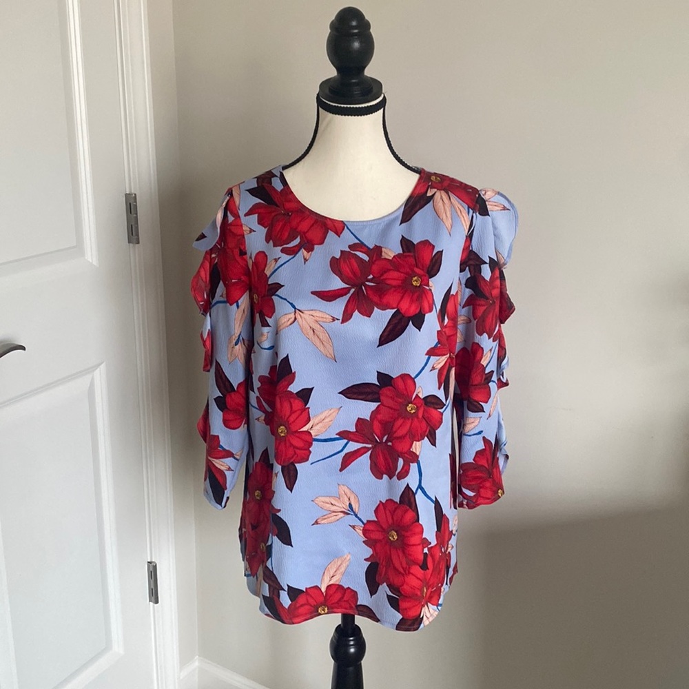 Liz Claiborne blue floral print blouse ruffled sleeves